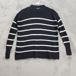 Polo Ralph Lauren Sweater Womens XS Black White Striped Linen Button Shoulder